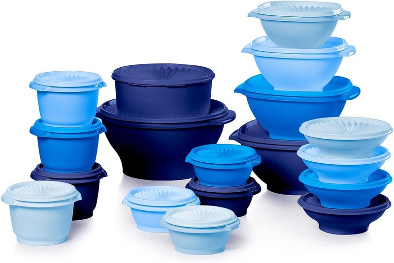 Tupperware مجموعة التراث، مجموعة جديدة من 36 قطعة من حاويات تخزين الطعام باللون الأزرق العتيق، آمنة في غسالة الصحون وخالية من BPA (18 حاوية، 18 غطاء) - Image 1